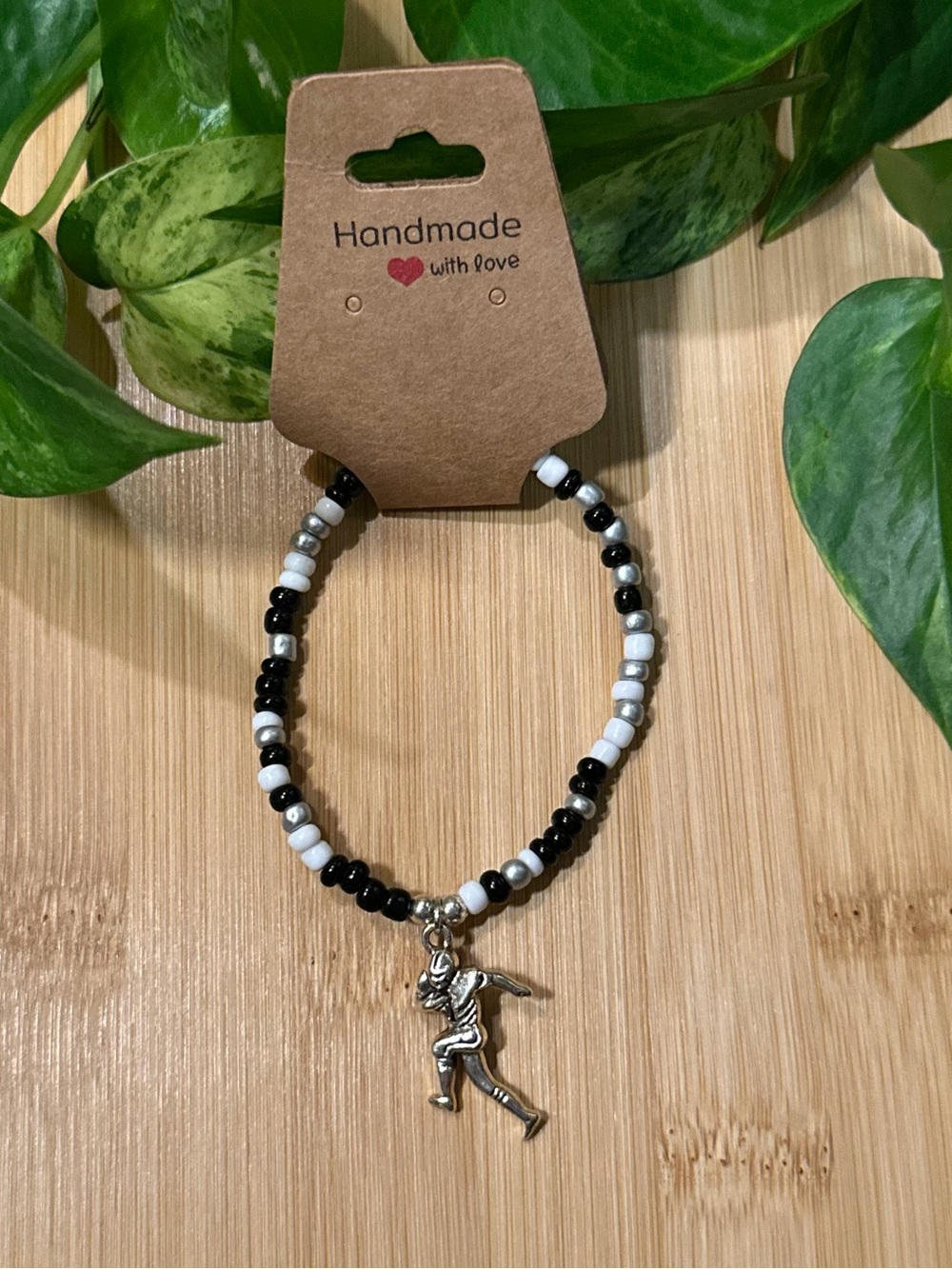 🏈✨ Football Stretchy Beaded Bracelet | Handmade | Silver Football Dangle Charm